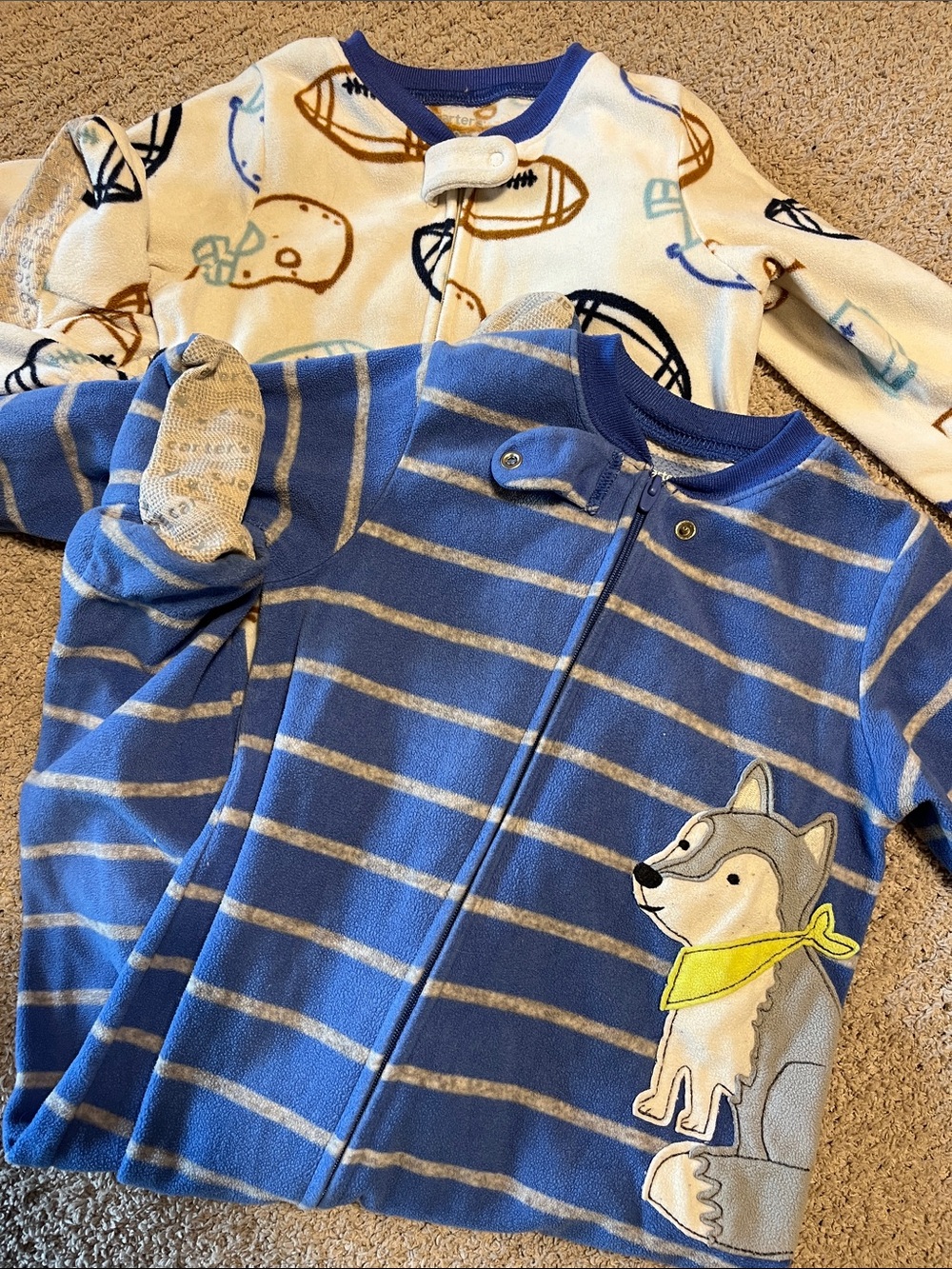 Carter's Blue Striped Fleece Sleepers with Wolf & Football Print